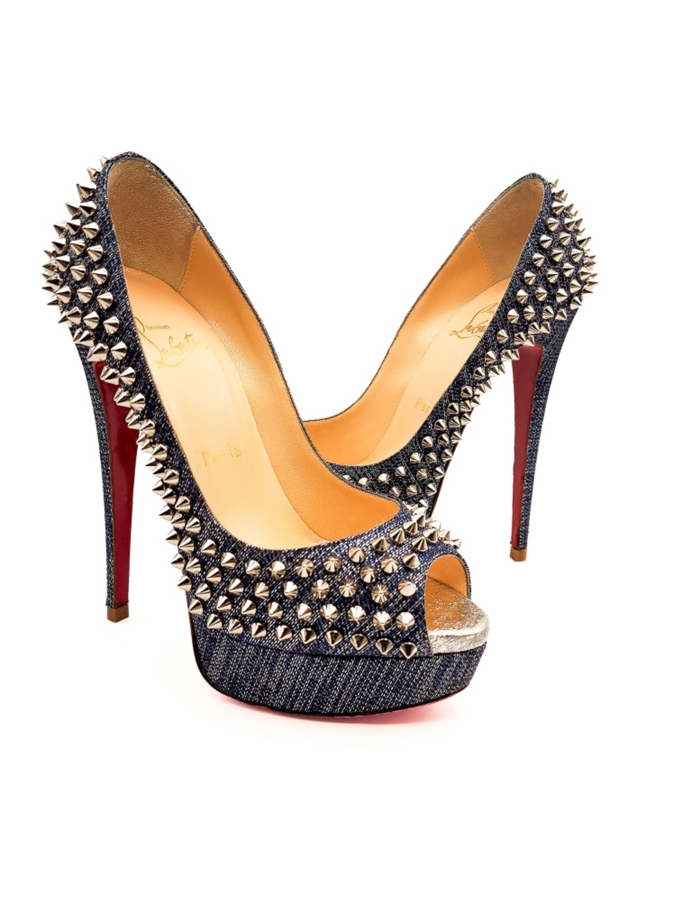 Christian Louboutin Fetish Peep 150 Denim Spiked Platform Pumps EU 37.5